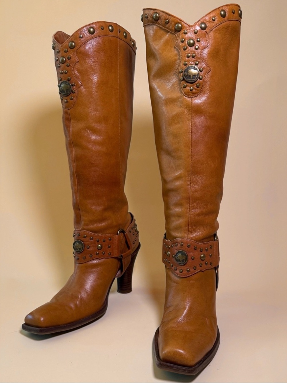 90s Studded Leather Western Boots tan cowgirl chic gold buckle equestrian rare